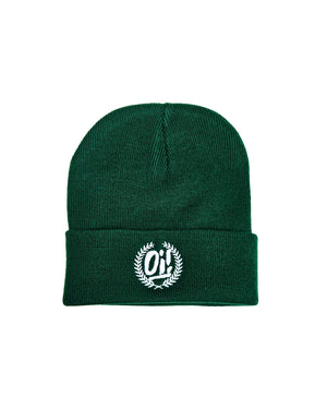 Oi! Laurel bottle green and white beanie from Oi Oi The Shop