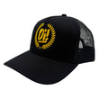 Load image into Gallery viewer, Oi! Laurel black trucker cap with yellow embroidery from Oi Oi The Shop (1)

