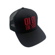 Load image into Gallery viewer, Oi Oi The Shop logo black trucker cap with burgundy embroidery at Oi Oi The Shop (1)
