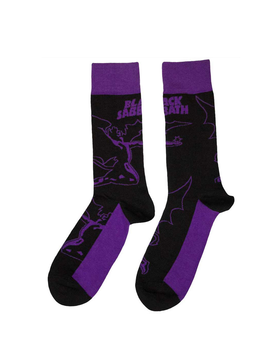 Black Sabbath sock with logo and demon design in black and purple at Oi Oi The Shop in Camden