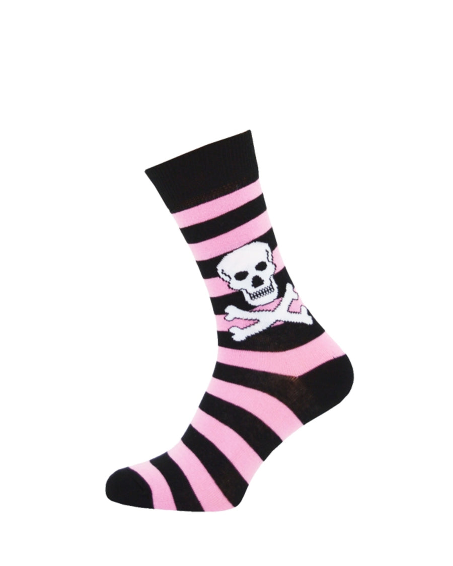 Skull crossbones striped socks pink, black and white at Oi Oi The Shop