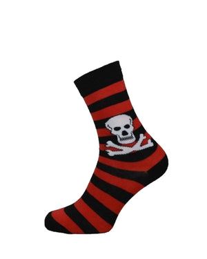 Skull and crossbones red and black striped socks at Oi Oi The Shop