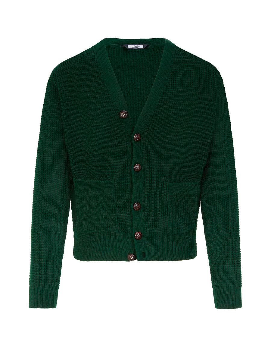 RELCO WAFFLE CARDIGAN BOTTLE GREEN